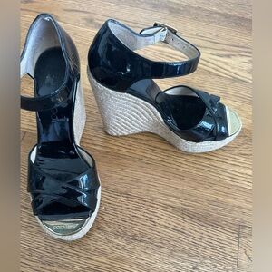 Jimmy Choo black patent leather platforms with tweed detailing